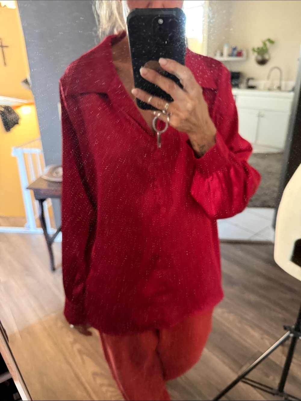 Grace Karin Red V-Neck Long Sleeve Pullover Blouse